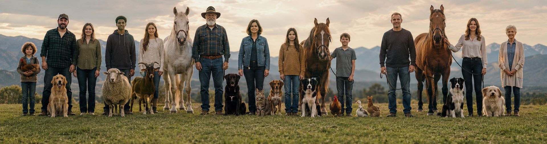 A long line of people standing in a field at dusk, each beside the animals they live and work with — dogs, horses, a sheep, a goat, a cat, chickens, a duck and a rabbit.