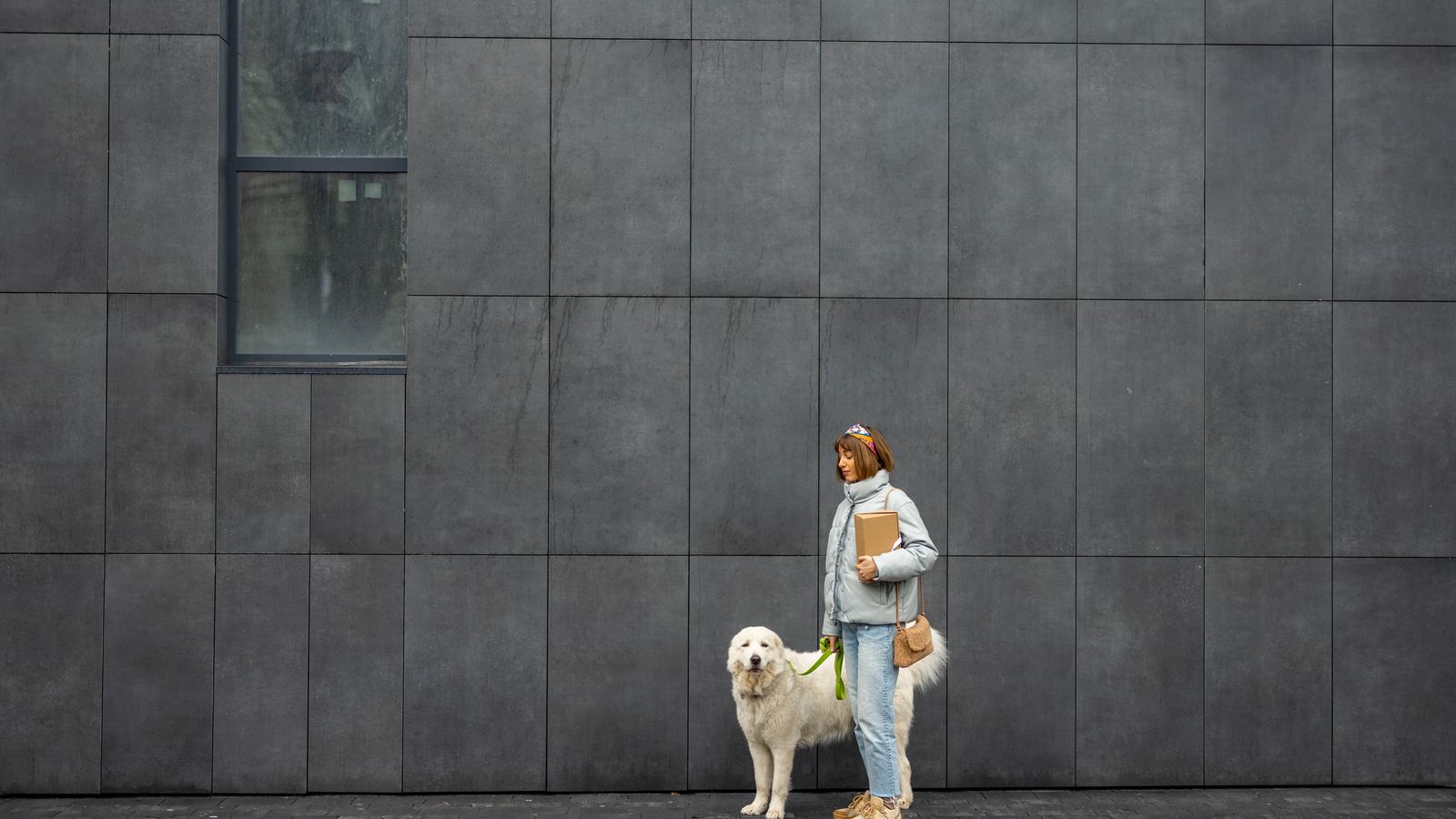 A woman standing at a concrete wall with a large white dog beside her.